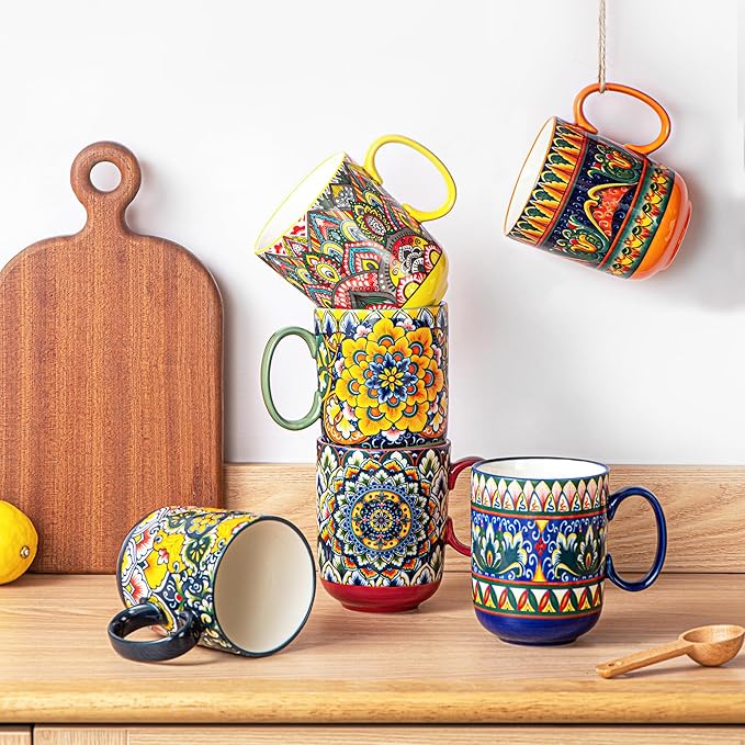 Henten Home Porcelain Coffee Mug Set of 6, 14 oz Colorful Latte Cup with Handle, Boho Ceramic Mug for Hot Chocolate, Milk, Tea, Cappuccino, Cocoa, Microwave & Dishwasher Safe