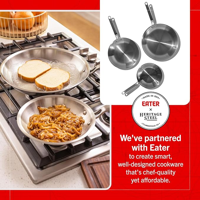 Heritage Steel Eater Series 3 Piece Fry Pan Set | Made in USA | 5-Ply Fully Clad Stainless Steel Pan | Stay Cool Handle Design | Induction Ready & Non-Toxic Pan