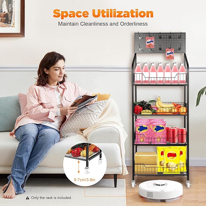 Retail Display Rack 4-Tier Market Merchandise Display Shelf with Wheels and 10 Hooks Metal Display Snack Metal Wire Shelving Movie Theater Candy Rack with Wheels for Home Store Market