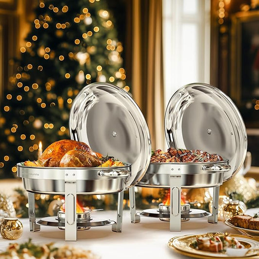 Round Chafing Dishes for Buffet, 5QT 2 Pack Chafers and Buffet Warmers Set with Mirror-Polished Stainless Steel, Rolled Rim, Stackable, Lid Holder for Parties, Catering, Weddings