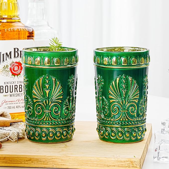 Sungmor Vintage Green and Gold Tumblers - Set of 2 Embossed Glasses, 10.8 oz Decorative Drinking Cups for Water, Juice or Cocktails - Elegant Baroque Glassware for Party or Special Occasions