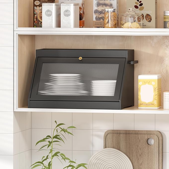 Bamboo Bread Box with Shelf for Kitchen Counter-Large Capacity Bread Storage Container with Wavy Arcylic Transparent Door Bamboo Wooden Farmhouse Bread Box for Your House (Black)