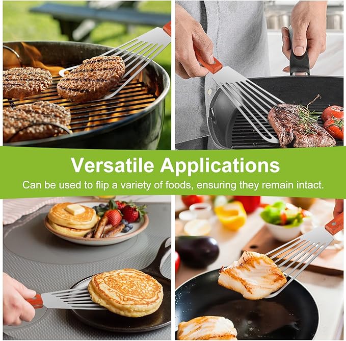 2 PCS Fish Spatula Stainless Steel, Upgraded Version Wooden Handle Fish Spatula, Polished Metal Slotted Turner For Flipping Fish, Omelets, Crepes, Steaks, and Hamburgers