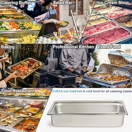 CURTA 6 Pack Full Size 4" Deep Anti-Jam Hotel Pans, NSF Certified 18/8 Stainless Steel Steam Table Food Pans for Catering, Buffet, Restaurant, Commercial Kitchen, Dishwasher Safe, Freezer Safe