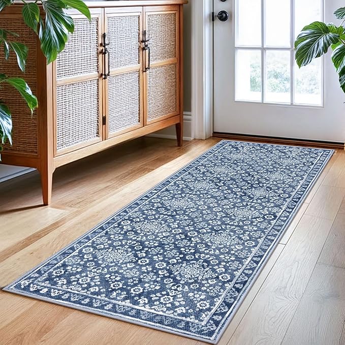 Vintage Washable 2x5 Rug Runner, Dusty Blue White Runners for hallways, Super Soft Kitchen Runner Rug Non Slip, Printed Faux Wool Floral Thin Carpet Runner for Entryway Laundry Room Bedroom