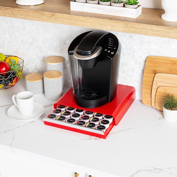 Mind Reader Single Serve Coffee Pod Drawer, 36 Pod Capacity, Countertop Organizer, 13.25"L x 12.75"W x 2.75"H, Red