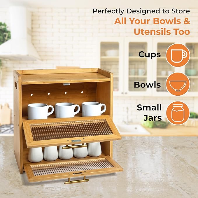 Bamboo Bread Box for Kitchen Countertop, Large Dual-Layer Breadbox Provides Double the Bread Storage Space, Holds Multiple Loaves, Durable & Beautiful with Frosted Acrylic Panels