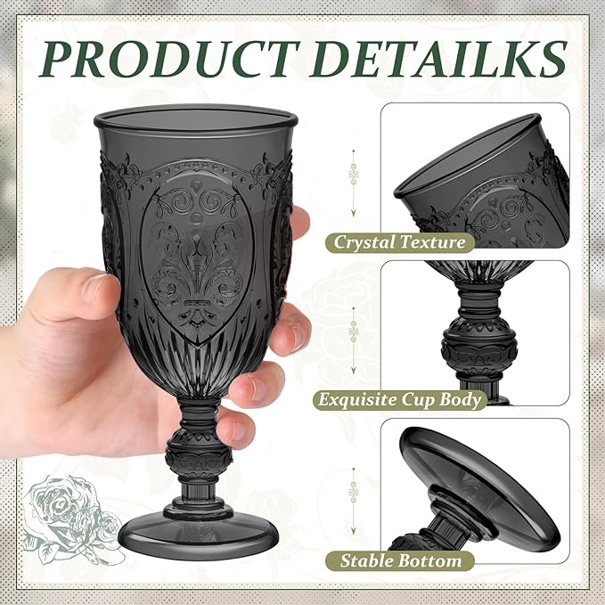 6 Pcs Plastic Goblets 7.5oz Vintage Goblet Plastic Wine Glasses Colored Retro Embossed Water Goblets for Wine Bar Juice Baby Shower Wedding Reception Grand Event Party (Black)