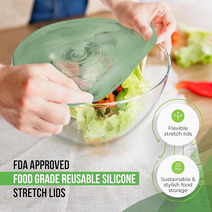 Reusable Silicone Stretch Lids for Food Storage in Fridge - Elastic Heat-Resistant Bowl Covers, Cups, Cans, Jars - Universal Food Grade Lid for Containers - 7 Pack - Mint Frost Stretchy Lid Set