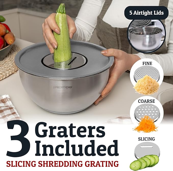 Priority Chef Stainless Steel Mixing Bowls with Lids Set, Metal Nesting Bowls with Airtight Lids, Graters, Non-Slip Base & Measurement Marks, Includes Utensil Set for Prep, Baking & Storage, Grey