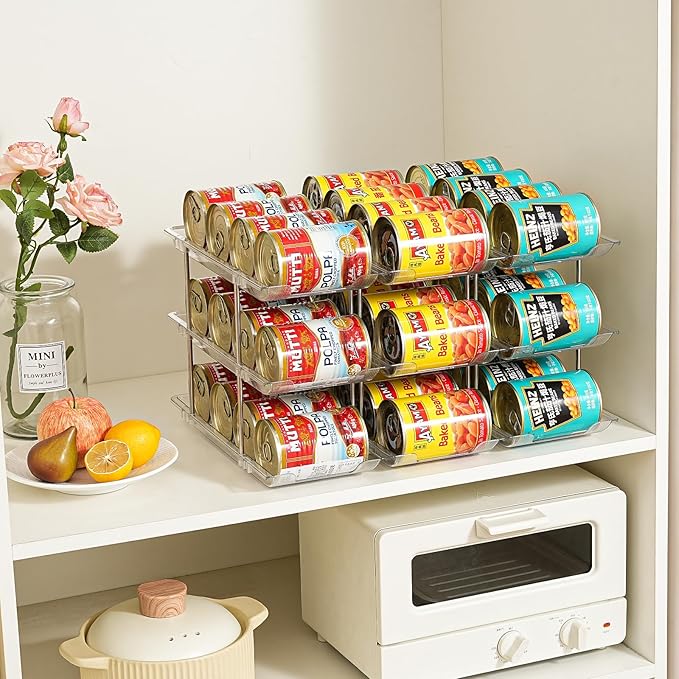 Can Organizer for Pantry， Stacking Can Storage Organizer Pantry，Automatic Can Rack for Fridge, 3Tire 3 Columns Can Holder for 36 Cans, Canned Goods Organizer