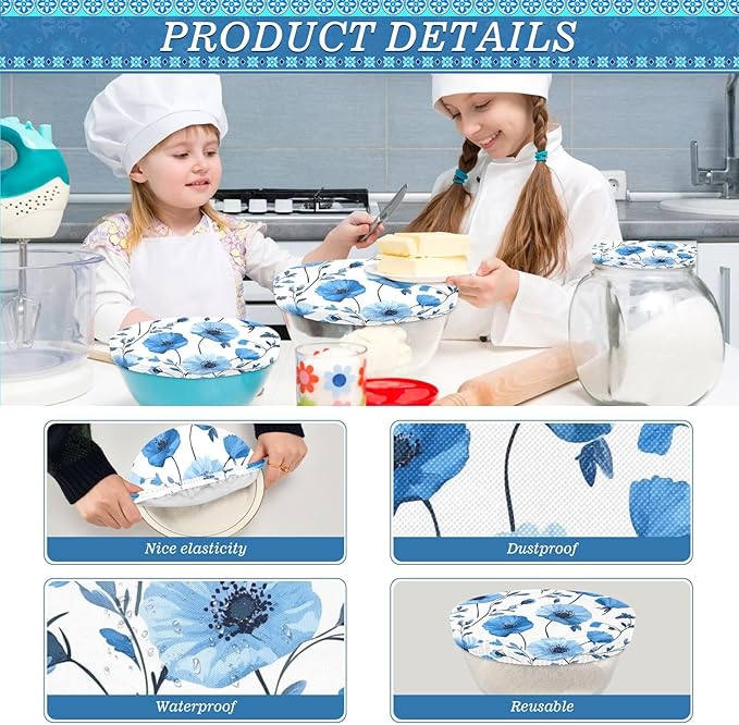 5 Pcs Bowl Covers Reusable in 5 Size Elastic Food Cover Cloth Lids Fresh Keeping Dish Cookware Bakeware Fabric Covers Lids for Food Leftovers Fruits Storage Blue Poppy Flowers and Branches
