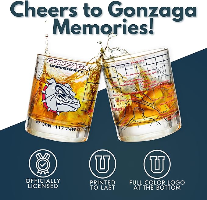 Greenline Goods – University of Gonzaga Bulldogs College Whiskey Glasses (Set of 2), 10 oz – Full-Color Logo + Campus Map