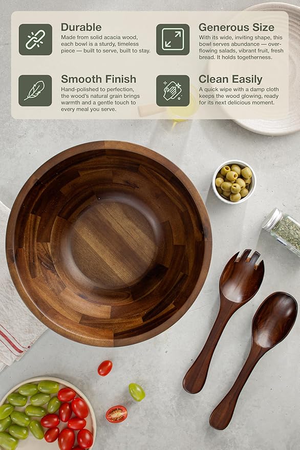 Acacia Wood Salad Bowl Set with Spoon, Fork - Large Salad Bowl with Serving Utensils - Big Mixing Bowl (12.2" Diameter x 4.75" Height) (Walnut Color)