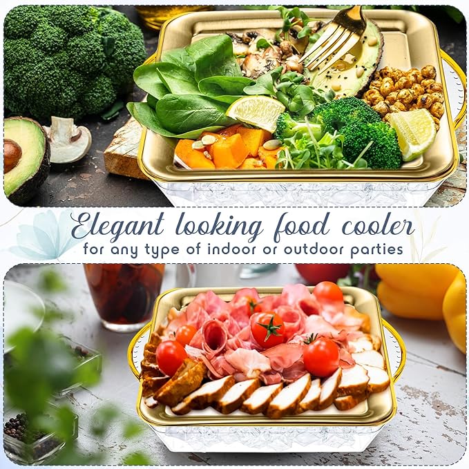 Baderke 6 Set 9" Chilled Serving Tray for Parties with Compartments Ice Chilled Party Platter Charcuterie Serving Board Cold Dish Dip with Forks Tongs for Fruit Seafood Vegetable Appetizer (Gold)