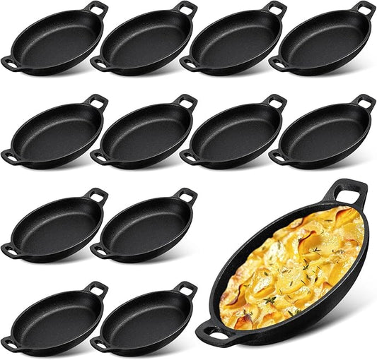 Mifoci 12 Pcs Oval Serving Dish Mini Cast Iron Skillet Cast Iron Baking Pan Sizzling Plate Matte Black Gratin Cookware for Home Restaurant Kitchen Food Service Barbecue (7.1" X 4.7")