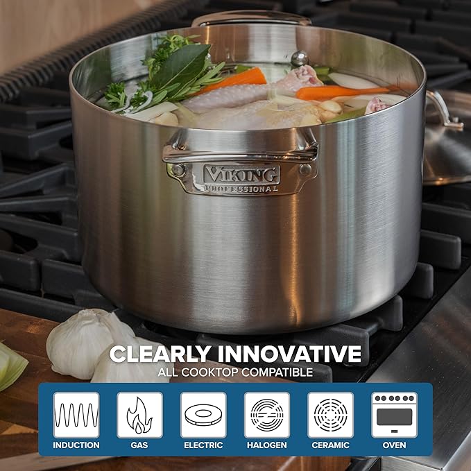 Viking 3-Ply Pots and Pans Set, 13 Piece Stainless Steel Cookware, Glass Lids, Strainer, Silver