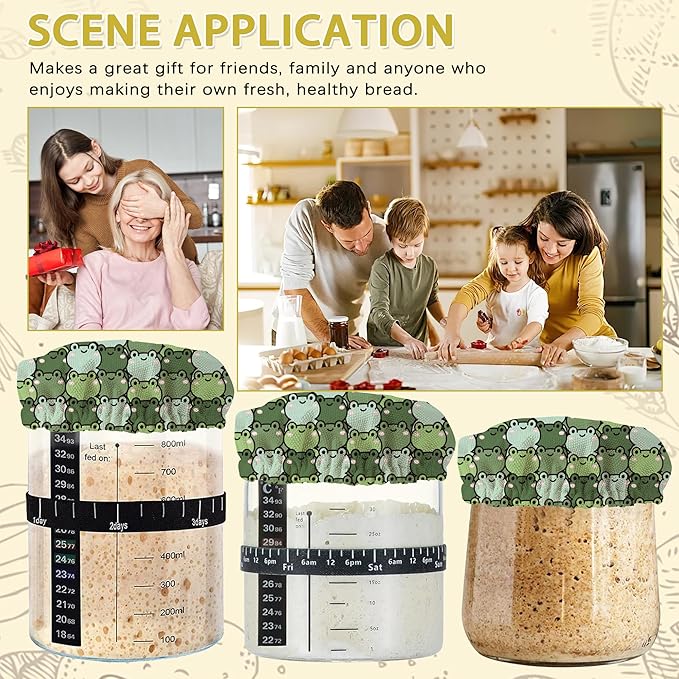 Cute Frog Green Sourdough Jar Cover Reusable Cloth Lid for Sour Dough Starter Jar,5 Pack Bread Fermentation Container Tops Elastic Fabric Caps