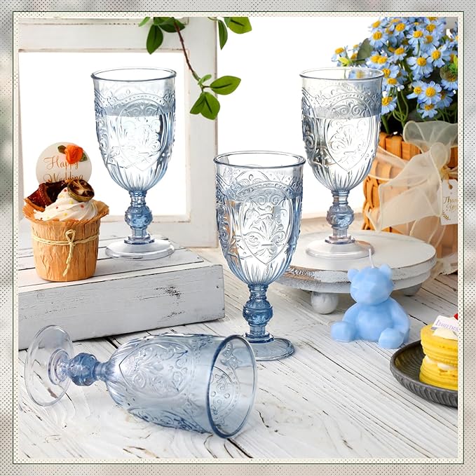 48 Pcs Plastic Goblets 7.5oz Vintage Goblet Plastic Wine Glasses Colored Retro Embossed Water Goblets for Wine Bar Juice Baby Shower Wedding Reception Grand Event Party (Blue)