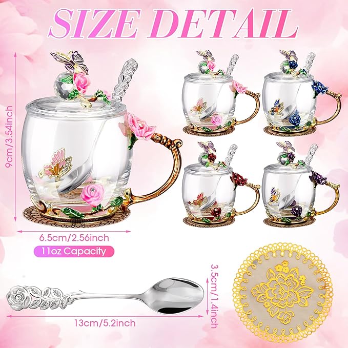 Nuanchu 4 Sets Flower Glass Tea Cups with Lids and Spoon Butterfly Vintage Glass Coffee Mugs Floral Fancy Clear Teacup for Christmas Women Mom Wife Girlfriend(Pink, Purple, Blue, Red,11 Oz,12 oz)