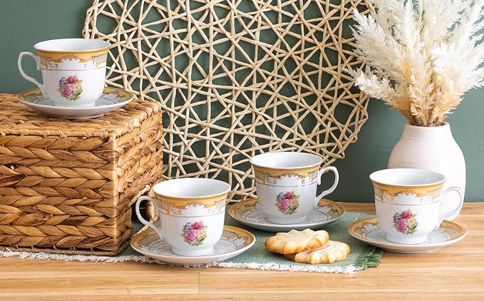 Vintage Rose Porcelain Tea Set - Gorgeous 8 Piece Dinnerware with 5.5 Inch Saucers, 6.5 oz Cups - For Tea Parties, Cappuccino, Every Day Dishes and Formal Occasions (Roses Gold 3008, 8 Piece)