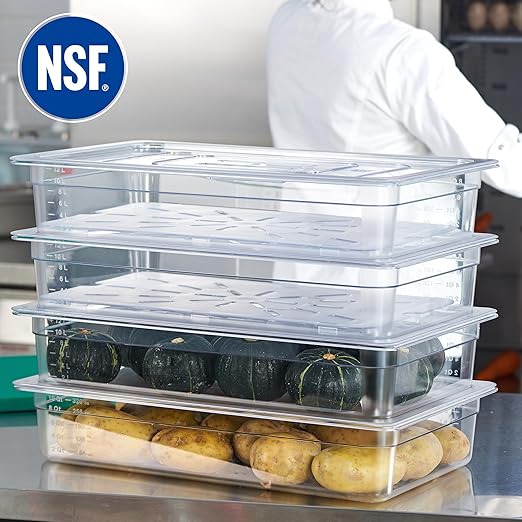 CURTA 4-Pack Full Size 4" Deep NSF Polycarbonate Food Pans with Handled Lids & Drain Trays | Dishwasher & Freezer Safe Clear Container for Prep Tables, Buffet, Salad Bar, Commercial Kitchen
