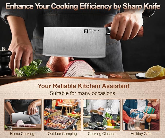 XINZUO 7.4 Inch Professional Chinese Chef Knife,Razor-Sharp Composite Stainless Steel Cleaver Kitchen Knife For Cutting Meat，Vegetable With Red Wood Handle