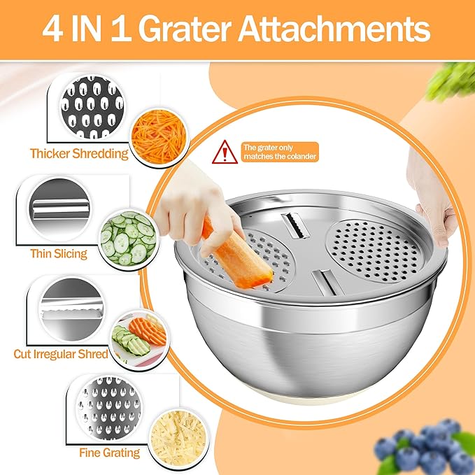 Mixing Bowls with Airtight Lids, Stainless Steel Mixing Bowl Set with 3 Metal Nesting Bowls, Colander & Grater, Non-Slip Bottoms, Size 1.5, 2.5, 6 QT, Great for Mixing & Serving, Khaki