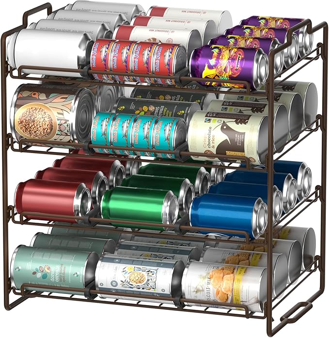 4 Tiers Stackable Can Rack Organizer, Wear-resistant Upgrade Beverage Food Can Dispenser Holder Holds up to 48 Cans for Kitchen Cabinet and Pantry (Brown)