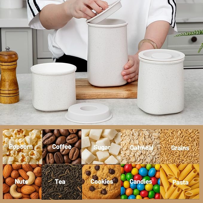 Nucookery Canisters Sets for the Kitchen Countertop, 3 Pcs Ceramic Jar with Silicone Lid, 40oz, 30oz, 20oz Food Storage Containers for Flour, Sugar, Coffee, Grains,Tea, Cookies, Dry Food Organization