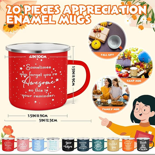Wesiti 20 Pcs Thank You Gifts Mugs 12 oz Enamel Thank You Mug Coffee Mugs for Women Men Inspirational Employee Appreciation Mug for Teacher Coworker Volunteer Work Gift for Staff Business Favor(Boho)