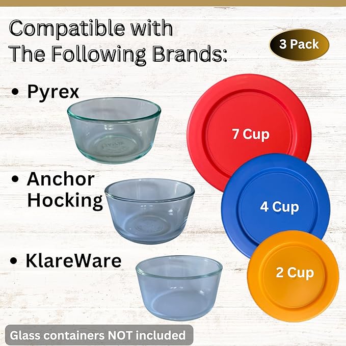2, 4 & 7 Cup Orange, Blue, Red Replacement Lids/Covers for Pyrex, Anchor Hocking & KlareWare Storage Bowls *Lids Only Glass Container Not Included* (3 Pack *One of Each Size*)