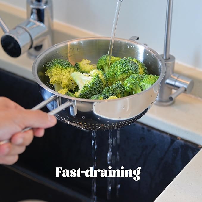 7-Inch Stainless Steel Strainer Colander with Handle, 1.5 Qt, Small, Ideal for Draining, Straining or Rinsing, Rivet-free Design, Easy to Clean