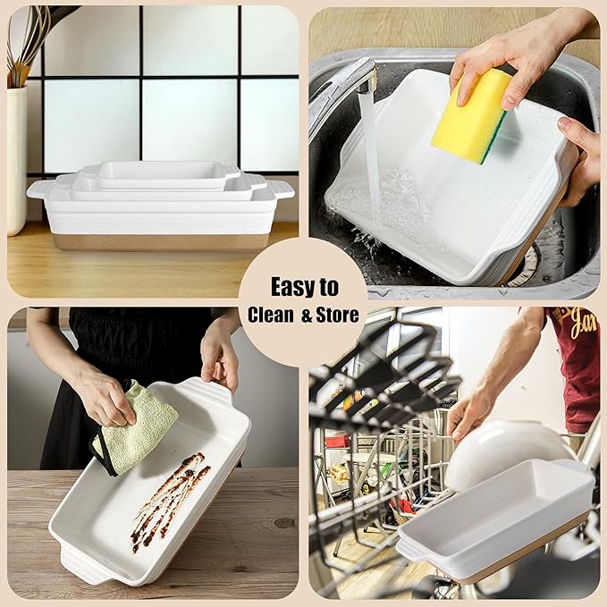 Ceramic Baking Dish, Casserole Dishes for Oven, Extra Deep Lasagna Pans with Handles, Rectangular Bakeware Set of 3 from Oven to Table, Easy to Clean, 14.7 x 8.7 x 3 Inches, White