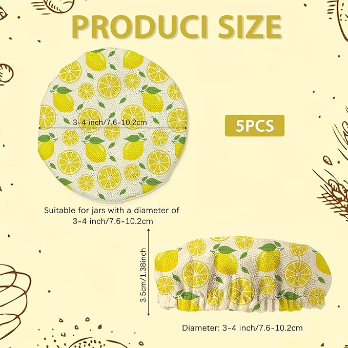 Lemon Yellow Sourdough Starter Jar Covers Reusable,Breathable Fabric Lids for Mason Jars,Wide Mouth and Regular Mouth(5 Pack)