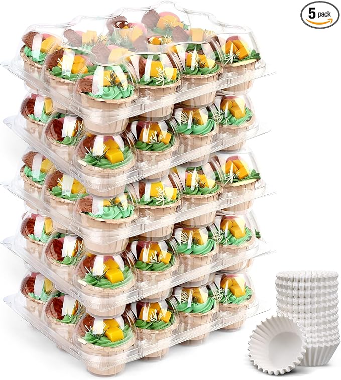 LotFancy Cupcake Containers 12 Count, 5 Sets, Plastic Stackable Cupcake Boxes, Disposable Muffin Holder with Detachable Tall Dome Lid, BPA Free, Clear Cupcake Carrier, Standard Size