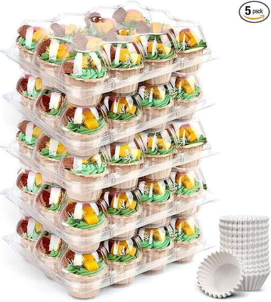 LotFancy Cupcake Containers 12 Count, 5 Sets, Plastic Stackable Cupcake Boxes, Disposable Muffin Holder with Detachable Tall Dome Lid, BPA Free, Clear Cupcake Carrier, Standard Size