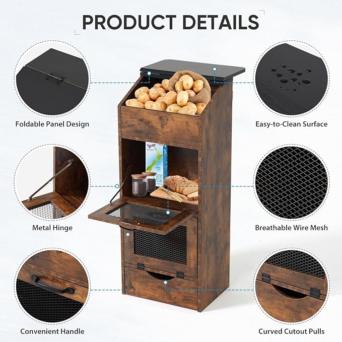 Verano Garden Potato Storage Bin, Wood Bread Box with Lid, Farmhouse Potato and Onion Storage Bin with Mesh Doors, Fruit and Vegetable Storage Rack with Removable Drawer (Rustic Brown, 16.0")