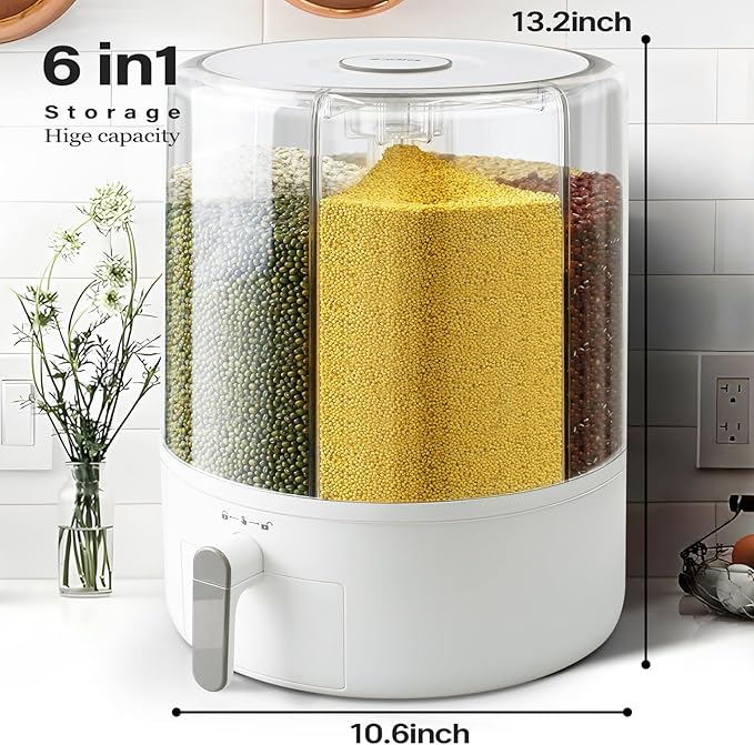 Grain and Rice Storage Container, 6 Grid Grain Dispenser, 360° Rotating 25lb Large Food Dispenser, Rice Dispenser Upgrade 6 Compartment Rotating, Airtight Storage White