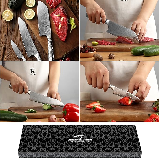 3 Pieces Damascus Kitchen Knife Set with 8” Chef Knife, 7” Santoku Knife, 3.5” Paring Knife, 67 Layer Handmade Damascus VG10 Steel Core, Hammered Ergonomic Handle (Gift Box)