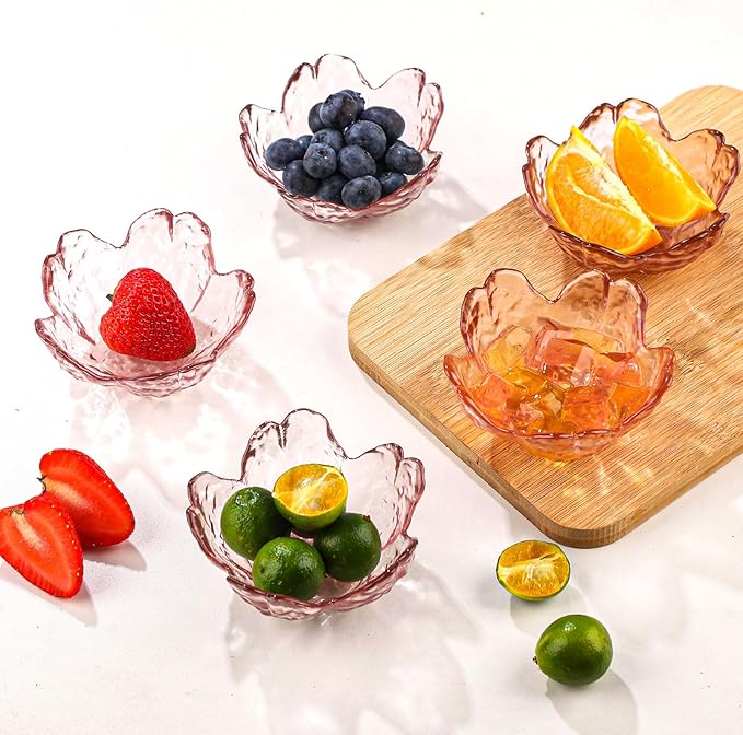 WHJY 5 pack Cute Sauce Dishes Glass Dish Set for Soy Sauce Snacks Tea Bag Mini Glass Bowls Clear Pink Cherry Blossom Soy Sauce Dishes
