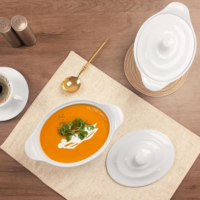 Casserole Dish 25 oz, French Onion Soup Ceramic Bakeware Set with Lids, Ceramic Mini Cocotte Set, Baking Dish with Lids and Handles, Microwave, Dishwasher, Oven Safe 9.6 Inch