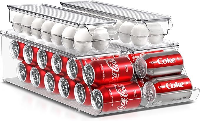 Sorbus Soda Can Organizer for Refrigerator & Egg Holder for Fridge Set, 2 Stackable Can Holder Dispenser Holds 12 Cans Each & 2 Egg Holders with Lid holds 14 eggs for Fridge, Pantry, Freezer, BPA-Free