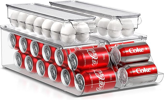 Sorbus Soda Can Organizer for Refrigerator & Egg Holder for Fridge Set, 2 Stackable Can Holder Dispenser Holds 12 Cans Each & 2 Egg Holders with Lid holds 14 eggs for Fridge, Pantry, Freezer, BPA-Free