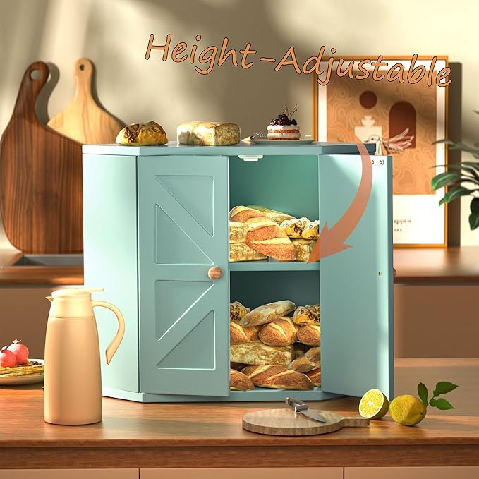 Corner Bread Box for Kitchen Countertop,Storage Container for Homemade Bread, Double Layer BreadBox, Large Capacity Bread Storage Bin, Vintage Farmhouse Breadbox Organizer, Green