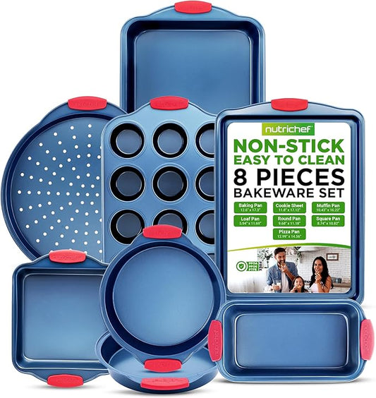 NutriChef 8-Piece Bakeware Set - Nonstick Carbon Steel Baking Pans with Red Silicone Handles, Blue Coating, Durable & Stain-Resistant, Perfect for Baking Cakes, Muffins, Cookies (Blue)
