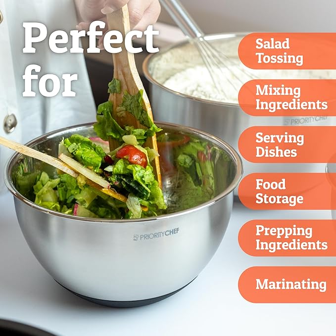 Priority Chef Premium Mixing Bowls With Lids Set, Airtight Lids, Thicker Stainless Steel Mixing Bowl Set, Large Prep Metal Bowls, Nesting Bowls for Kitchen, 1.5/2/3/4/5 Qrt, Black