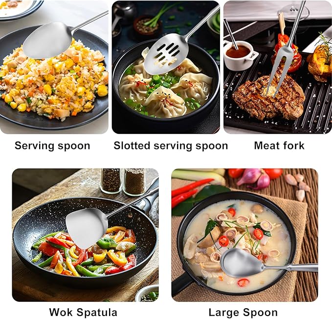 304 Stainless Steel Cooking Utensils Set, 9 PCS Metal Kitchen Utensils Set, Serving Spoon, Spaghetti Spoon, Skimmer, Meat Fork etc (Dishwasher Safe)