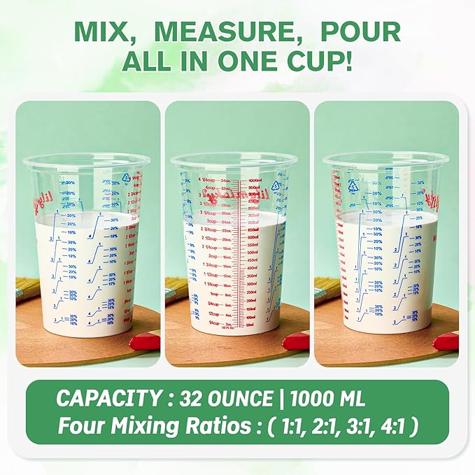 25 PACK Plastic Measuring Cups, 32 oz (1000ml) Disposable Mixing Cups, Measurement ratios: 2:1, 3:1, 4:1, Perfect for Epoxy Resin, Paint Mixing, Art DIY