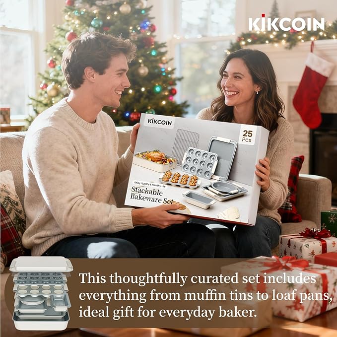 Kikcoin 25 PCS Stackable Baking Pans Set, Non-stick Bakeware Sets with Silicone Handles, 450°F Oven Safe Cookie Sheets for Baking, Easy Release Heavy-duty Baking Sheets Non Stick, Cream